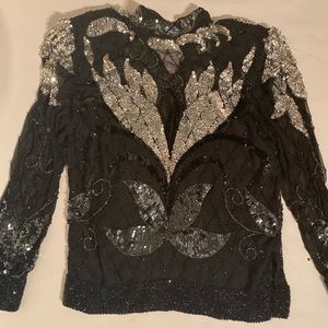 Vintage glam beaded black & silver blouse